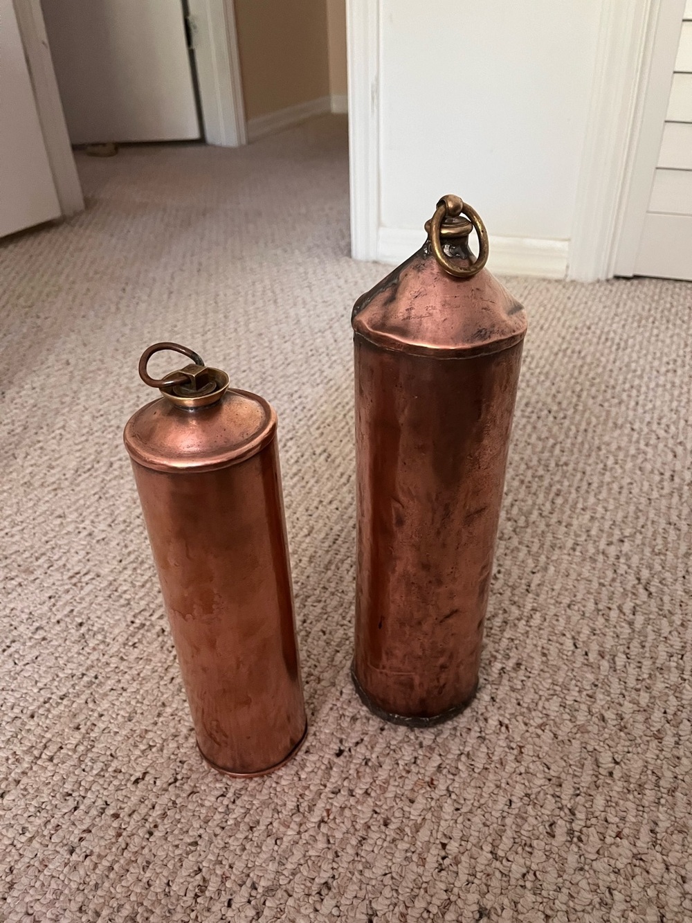 Set 2 Antique Vintage Copper Brass Hot Water Bottle Carriage Foot Bed Warmer
